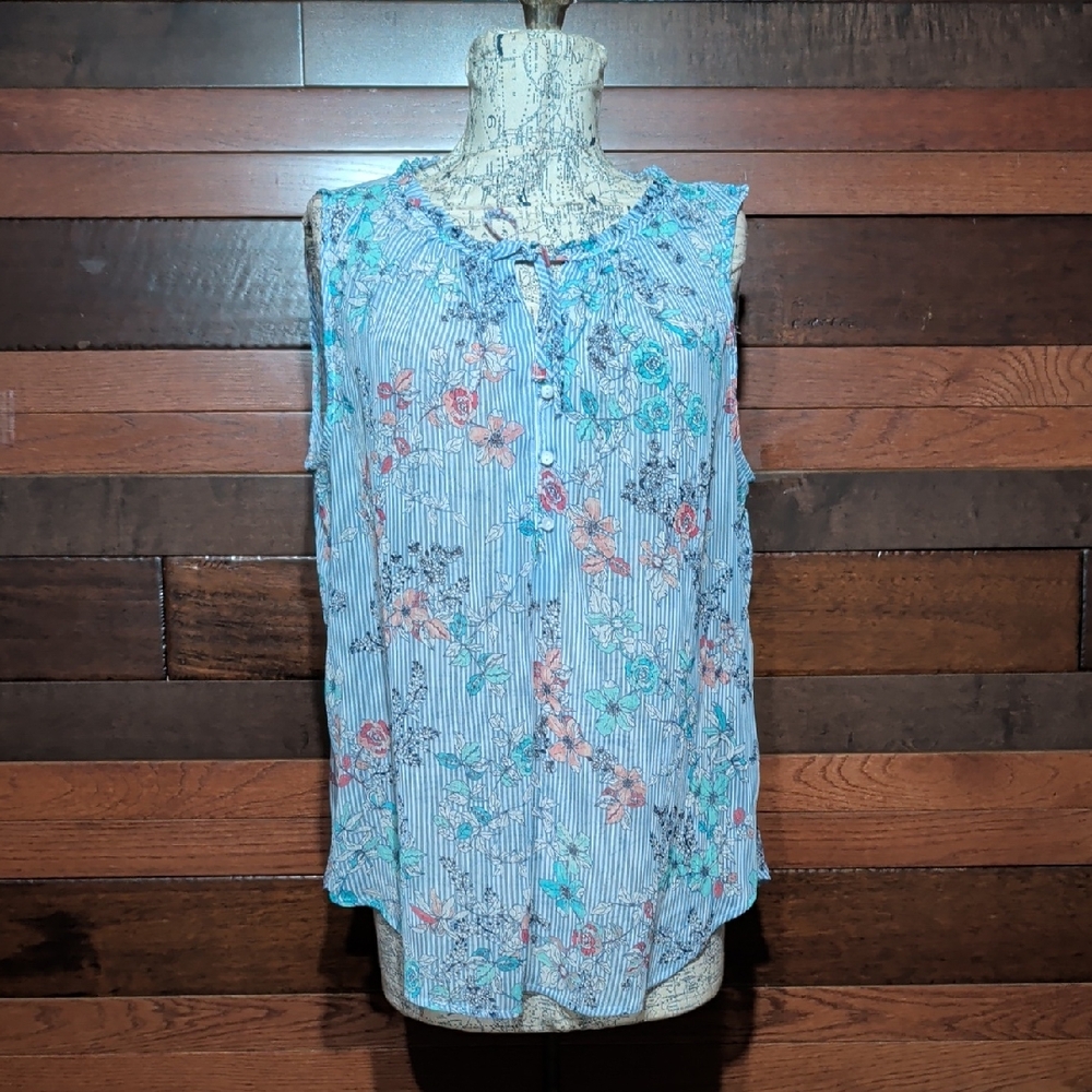 Liz Claiborne Floral Striped Blouse - Blue and Pink